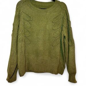 Cider Knit Round Neckline Leaf Braid Oversized Sweater in Olive Green